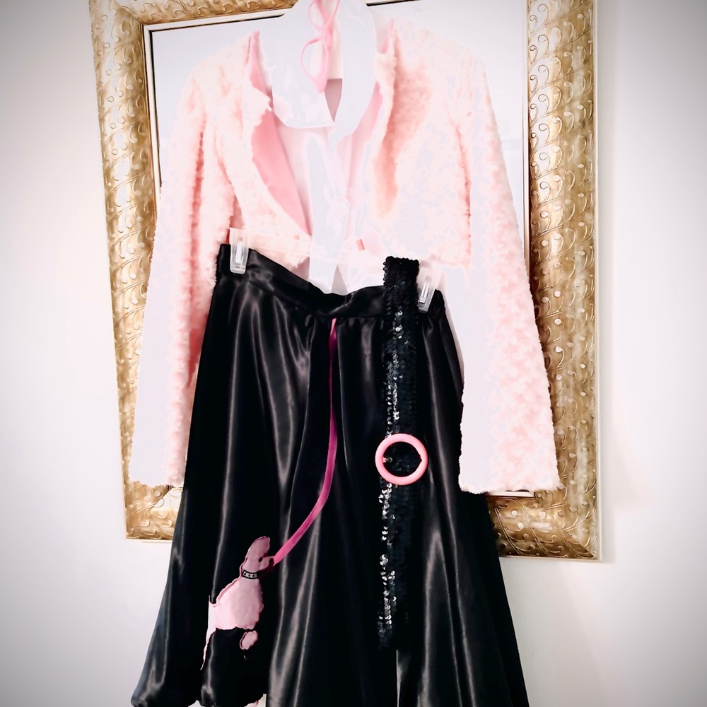 Costume 50’s Poodle Skirt,jacket,blouse and pink glasses